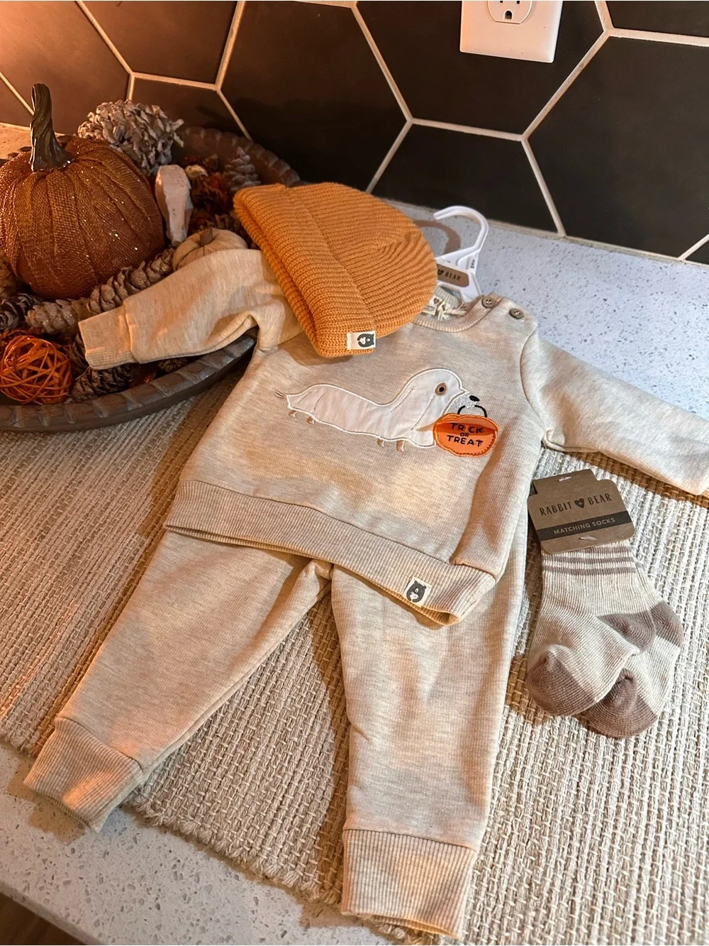 Rabbit & Bear Beige Baby Sweatshirt Set with Dachshund Ghost & Pumpkin Appliqué